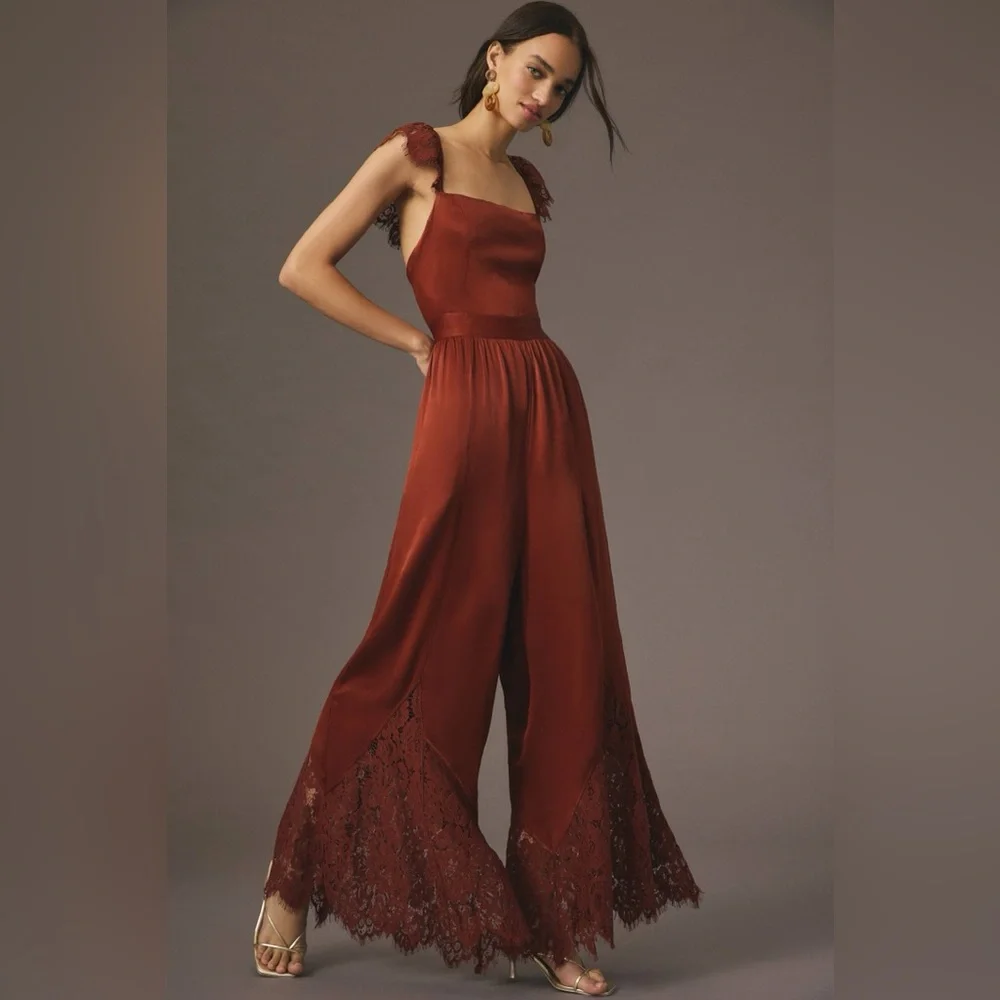By Anthropologie Lace Mix Jumpsuit red rusty brown 2 - Picture 2 of 10